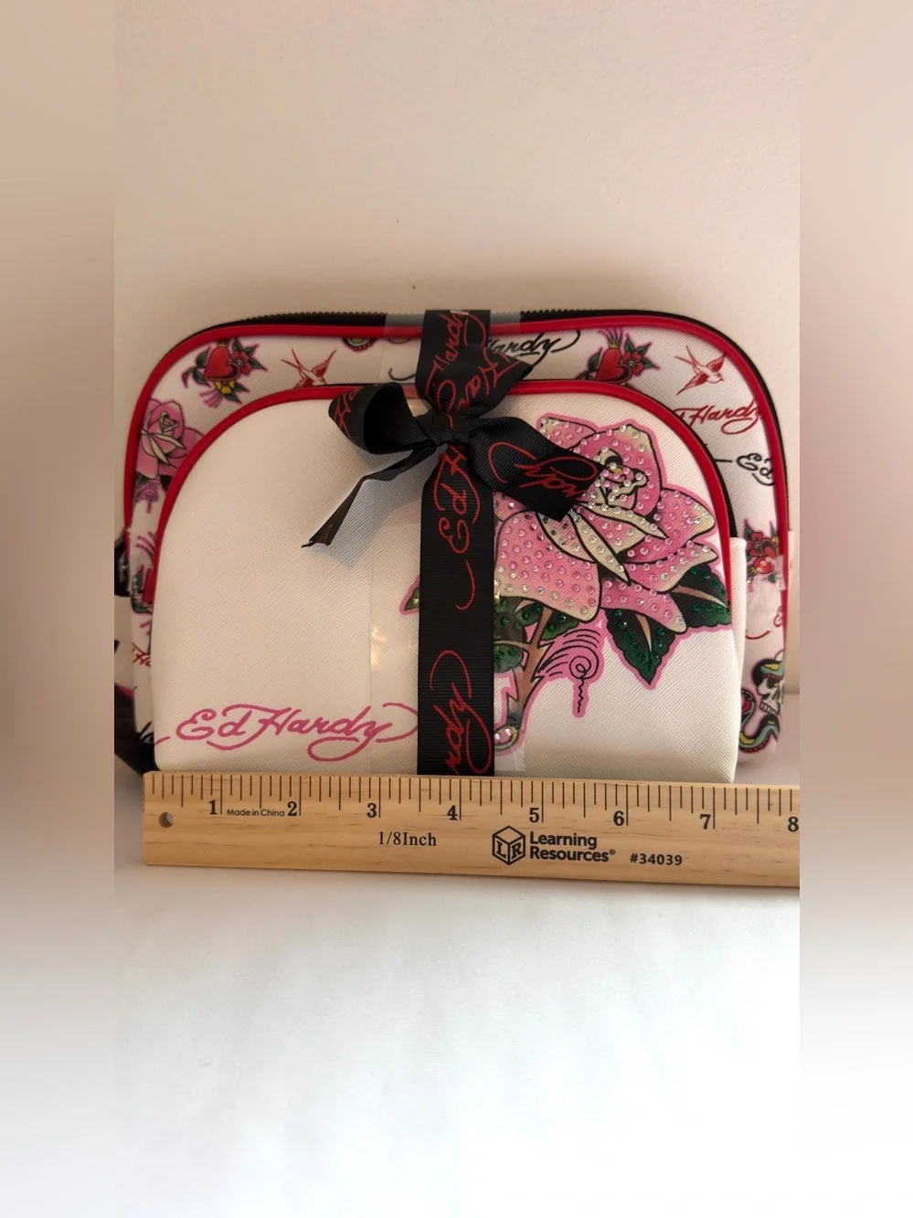 Ed Hardy White & Pink Floral Rhinestone Cosmetic Pouch Set